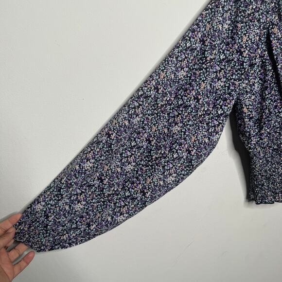 Lulus Black Purple Floral Smocked Peasant Blouse Size M Boho Crop Top - Picture 5 of 9